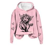 Generisch Felpa con cappuccio da donna, per autunno e inverno, con stampa a mucca, spalle scoperte, a maniche lunghe, Colore: rosa., M