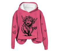Generisch Felpa con cappuccio da donna, per autunno e inverno, con stampa a mucca, spalle scoperte, a maniche lunghe, rosa intenso, L