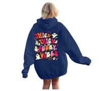 Generisch Felpa con cappuccio da donna per Halloween, alla moda, casual, con lettere sul davanti e sul retro, stampata, casual, con cappuccio, da donna, blu, Blu, S