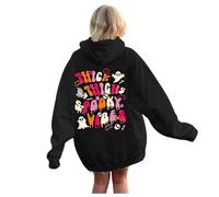 Generisch Felpa con cappuccio da donna per Halloween, alla moda, casual, con lettere sul davanti e sul retro, stampata, casual, con cappuccio, da donna, blu, Nero , M