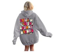Generisch Felpa con cappuccio da donna per Halloween, alla moda, casual, con lettere sul davanti e sul retro, stampata, casual, con cappuccio, da donna, blu, grigio., L