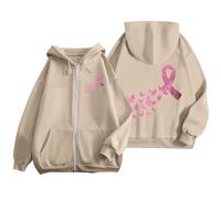 Generisch Felpa con cappuccio da donna per sensibilizzare il cancro al seno, con zip con fiocco rosa e farfalle, felpa come segno di solidarietà, Stil_Q01 Beige, 3XL