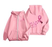 Generisch Felpa con cappuccio da donna per sensibilizzare il cancro al seno, con zip con fiocco rosa e farfalle, felpa come segno di solidarietà, Stil_q05 rosa, XXL