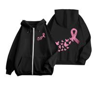 Generisch Felpa con cappuccio da donna per sensibilizzare il cancro al seno, con zip con fiocco rosa e farfalle, felpa come segno di solidarietà, Stil_q02 Nero, 3XL