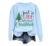 Generisch Felpa con cappuccio da donna rossa moda natalizia albero di Natale lettere stampa manica lunga girocollo Thermorolli donna, Azzurro, L