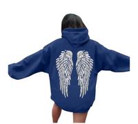 Generisch Felpa con cappuccio da donna, tinta unita, morbida felpa con paillette, angeli, ali, autunno, inverno, oversize, con cappuccio, morbida, sportiva, Y2K Streetwear, O blu navy, S