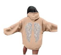 Generisch Felpa con cappuccio da donna, tinta unita, morbida felpa con paillette, angeli, ali, autunno, inverno, oversize, con cappuccio, morbida, sportiva, Y2K Streetwear, O kaki, S