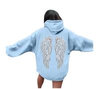 Generisch Felpa con cappuccio da donna, tinta unita, morbida felpa con paillette, angeli, ali, autunno, inverno, oversize, con cappuccio, morbida, sportiva, Y2K Streetwear, O celeste, S