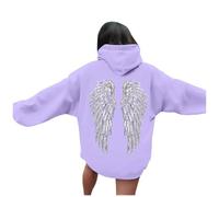 Generisch Felpa con cappuccio da donna, tinta unita, morbida felpa con paillette, angeli, ali, autunno, inverno, oversize, con cappuccio, morbida, sportiva, Y2K Streetwear, O viola, S