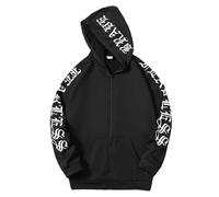 Generisch Felpa con cappuccio da ragazzo in pile con chiusura lampo, stampa lettere, abbigliamento casual, per adolescenti dai 13 ai 16 anni, scuola, vita quotidiana, tempo libero, Nero , 15-16 Jahre