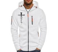 Generisch Felpa con cappuccio da uomo a maniche lunghe, felpa da uomo con chiusura lampo, colore grigio, con cappuccio, con stampa, felpa in pile, per il tempo libero, per tutte le stagioni, bianco, S