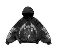 Generisch Felpa con cappuccio da uomo oversize, con grafica a forma di angelo demone, streetwear, stile gotico Y2K, felpa con stampa ad ali e tribale, Stil_h01 Nero, L