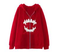 Generisch Felpa con cappuccio da uomo Y2K, in pile, con stampa dentata, autunno, inverno, larga, hip hop, oversize, gotico, maglione da uomo, a maniche lunghe, con cappuccio, Colore: rosso, L