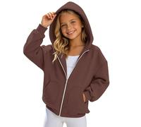 Generisch Felpa con cappuccio e cerniera, per ragazze, oversize, morbida e calda, giacca con cappuccio con chiusura lampo, tinta unita, streetwear, a maniche lunghe, casual, Y2K, per bambini, marrone