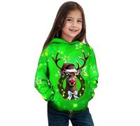 Generisch Felpa con cappuccio festivo da bambina con stampa di renne, comoda felpa in pile per il periodo natalizio, verde, 2-3 Anni