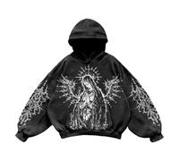 Generisch Felpa con cappuccio gotico da uomo con figura di angelo in preghiera, oversize, stile Y2K, felpa nera streetwear con maniche ad ali, Stil_k01 nero, L