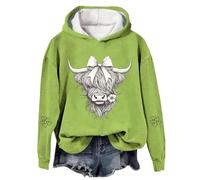Generisch Felpa con cappuccio natalizio con mucca occidentale altopiano grafica, comoda felpa in pile per feste e tempo libero, Verde chiaro, L