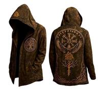Generisch Felpa con cappuccio vichinga, media lunghezza, stampata 3D, Odin, mito primaverile, autunno, da uomo, da donna, per cosplay medievale, 01 marrone, M