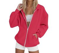 Generisch Felpa da donna con cappuccio, con cerniera, giacca estiva, oversize, con cappuccio, da jogging, con chiusura lampo, felpa leggera con cappuccio da donna, #1-rosso anguria, S