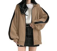Generisch Felpa da donna con cappuccio e zip up oversize basic con cappuccio e ragazza baggy, cachi, L
