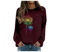 Generisch Felpa da donna con cappuccio girocollo e maniche lunghe senza testa e stampa di dente di leone per uomo e donna, comoda felpa casual, Vino, L