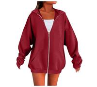Generisch Felpa da donna con cappuccio, oversize, con cappuccio, basic, leggera, in tinta unita, sportiva, comoda felpa college, per il tempo libero, per le mezze stagioni, Colore: rosso, L