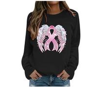 Generisch Felpa da donna con fiocco di cancro al seno - Maglione con nastro rosa e ali d'angelo | Maglietta a maniche lunghe per sostenere e come segno di speranza, Stile Q02 Nero, L
