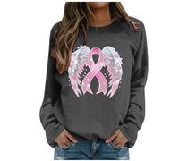Generisch Felpa da donna con fiocco di cancro al seno - Maglione con nastro rosa e ali d'angelo | Maglietta a maniche lunghe per sostenere e come segno di speranza, Stile Q05 Grigio, L