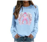 Generisch Felpa da donna con fiocco di cancro al seno - Maglione con nastro rosa e ali d'angelo | Maglietta a maniche lunghe per sostenere e come segno di speranza, Stile Q09 Blu, L