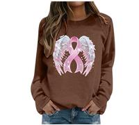 Generisch Felpa da donna con fiocco di cancro al seno - Maglione con nastro rosa e ali d'angelo | Maglietta a maniche lunghe per sostenere e come segno di speranza, Stile Q04 Marrone, L