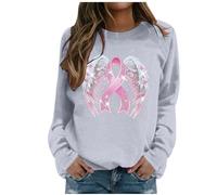 Generisch Felpa da donna con fiocco di cancro al seno - Maglione con nastro rosa e ali d'angelo | Maglietta a maniche lunghe per sostenere e come segno di speranza, Stile Q06 Grigio, L