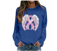 Generisch Felpa da donna con fiocco di cancro al seno - Maglione con nastro rosa e ali d'angelo | Maglietta a maniche lunghe per sostenere e come segno di speranza, Stile Q03 Blu, M