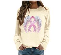 Generisch Felpa da donna con fiocco di cancro al seno - Maglione con nastro rosa e ali d'angelo | Maglietta a maniche lunghe per sostenere e come segno di speranza, Stile Q01 beige, L