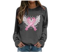 Generisch Felpa da donna con nastro rosa - Maglione con fiocco di cancro al seno e ali d'angelo | Maglia a maniche lunghe a sostegno e segno di speranza, Stile J05 Grigio, L