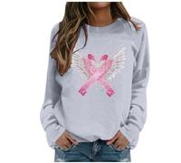 Generisch Felpa da donna con nastro rosa - Maglione con fiocco di cancro al seno e ali d'angelo | Maglia a maniche lunghe a sostegno e segno di speranza, Stile J06 Grigio, L