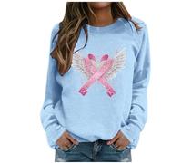 Generisch Felpa da donna con nastro rosa - Maglione con fiocco di cancro al seno e ali d'angelo | Maglia a maniche lunghe a sostegno e segno di speranza, Stile J08 Blu, L