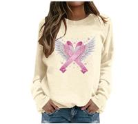 Generisch Felpa da donna con nastro rosa - Maglione con fiocco di cancro al seno e ali d'angelo | Maglia a maniche lunghe a sostegno e segno di speranza, Stile J01 Beige, L