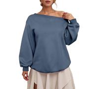 Generisch Felpa da donna con spalle scoperte, oversize, per autunno e inverno, con colletto rialzato, elegante, semplice, a maniche lunghe, tinta unita, casual, Blu scuro, L