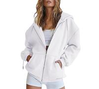 Generisch Felpa da donna, giacca sportiva, oversize, autunno, inverno, con cappuccio, a maniche lunghe, vintage, casual, fitness, basic, vestibilità comoda, cardigan con chiusura lampo, bianco, XL