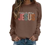Generisch Felpa da donna "Happy Birthday Jesus", maglione natalizio con scritta colorata, a maniche lunghe casual per la stagione festiva, Stil_b04 Marrone, M