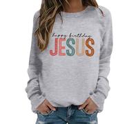 Generisch Felpa da donna "Happy Birthday Jesus", maglione natalizio con scritta colorata, a maniche lunghe casual per la stagione festiva, Stil_b06 Grigio, M