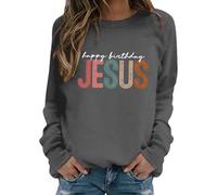 Generisch Felpa da donna "Happy Birthday Jesus", maglione natalizio con scritta colorata, a maniche lunghe casual per la stagione festiva, Stil_b05 Grigio, XL