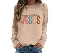 Generisch Felpa da donna "Happy Birthday Jesus", maglione natalizio con scritta colorata, a maniche lunghe casual per la stagione festiva, Stil_b07 kaki, L