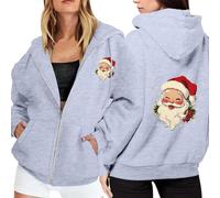 Generisch Felpa da donna in pile con stampa natalizia, con chiusura lampo, maniche lunghe, pratica tasca come compagno casual per il tempo libero per l'inverno, grigio., 3XL