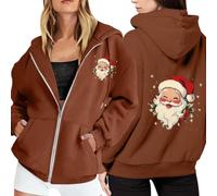 Generisch Felpa da donna in pile con stampa natalizia, con chiusura lampo, maniche lunghe, pratica tasca come compagno casual per il tempo libero per l'inverno, marrone, XL