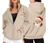 Generisch Felpa da donna in pile con stampa natalizia, con chiusura lampo, maniche lunghe, pratica tasca come compagno casual per il tempo libero per l'inverno, cachi, XXL
