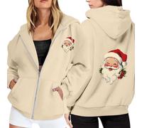 Generisch Felpa da donna in pile con stampa natalizia, con chiusura lampo, maniche lunghe, pratica tasca come compagno casual per il tempo libero per l'inverno, beige., L