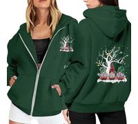 Generisch Felpa da donna in pile con stampa natalizia, con chiusura lampo, maniche lunghe, pratica tasca come compagno casual per il tempo libero per l'inverno, Verde scuro, S