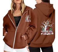 Generisch Felpa da donna in pile con stampa natalizia, con chiusura lampo, maniche lunghe, pratica tasca come compagno casual per il tempo libero per l'inverno, marrone, S