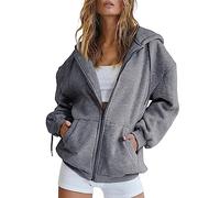 Generisch Felpa da donna oversize, con cerniera, oversize, per adolescenti, con cappuccio, autunno, moda, sport, tempo libero, tinta unita, con cappuccio, grigio scuro, s